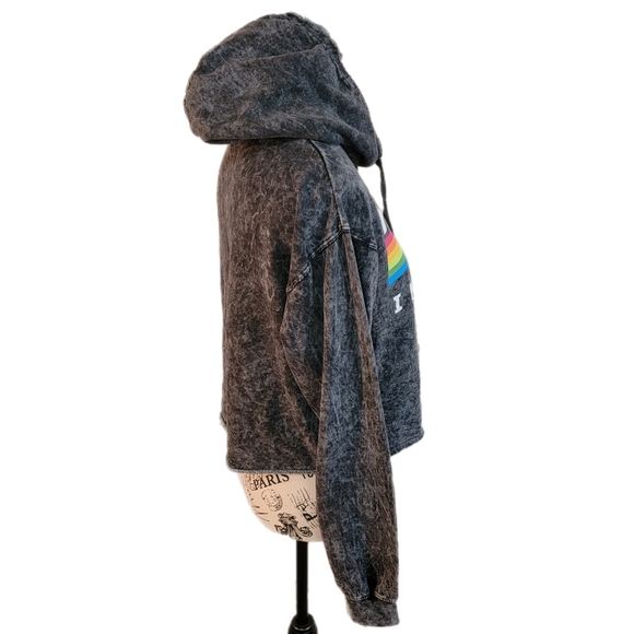 Womens Polaroid Acid Wash Retro Cropped Hoodie Long Sleeve Size M - Picture 7 of 8